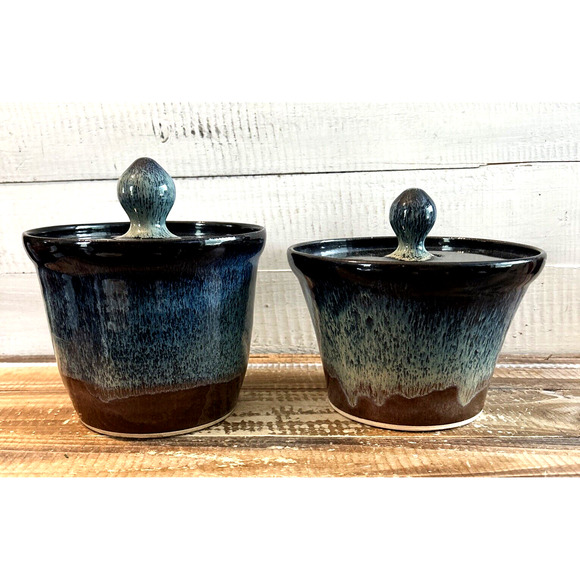 Set 2 Vtg Seagrove NC Pottery Lidded Canister Jars Blue Glaze Signed Callicutt - Picture 1 of 16